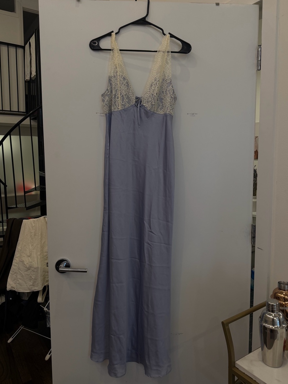 Lace-Trim Satin Maxi Dress in Light Lavender - Picture 2 of 3